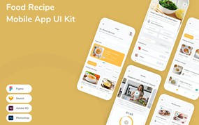 食物配方菜谱App手机应用程序UI设计素材 Food Recipe Mobile App UI Kit