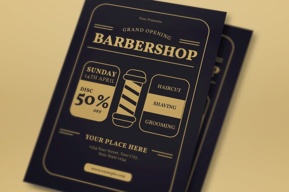 理发店盛大开业传单设计模板 Grand Opening Barbershop Flyer Shop 设计素材 第2张