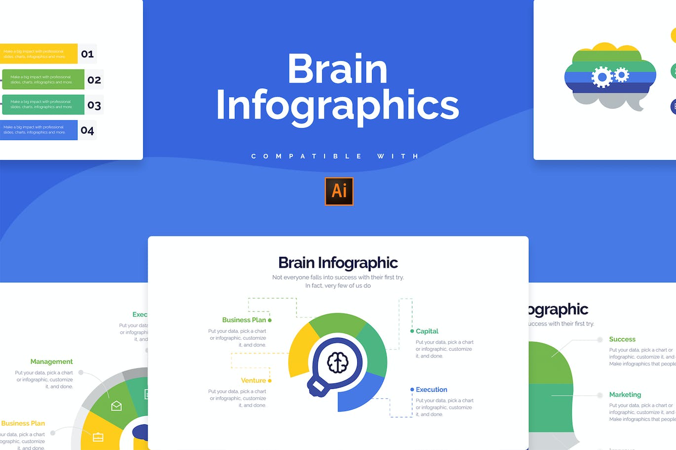 大脑图形信息图表设计AI矢量模板 Business Brain Illustrator Infographics 幻灯图表 第1张