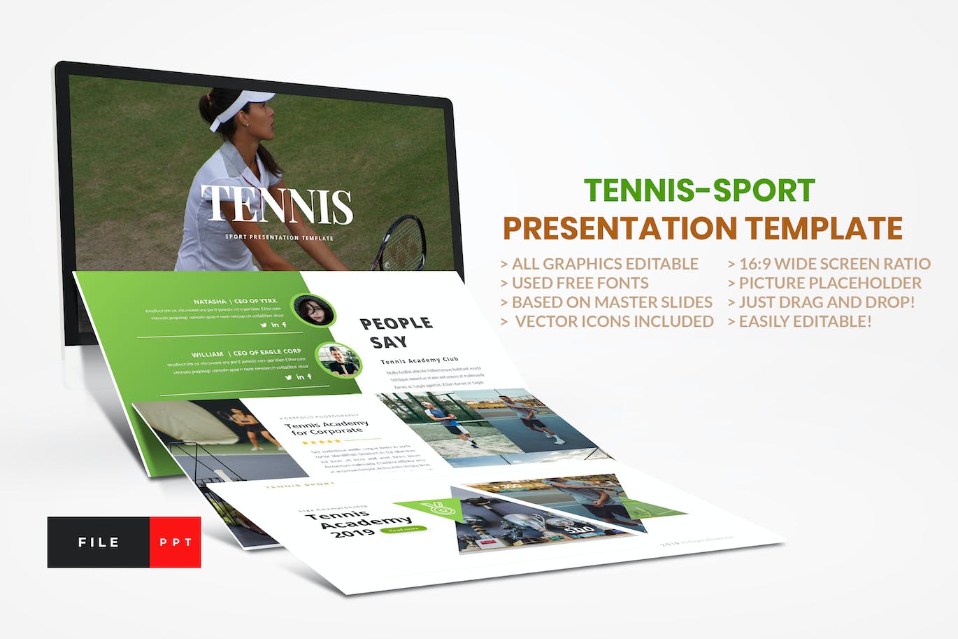 网球运动推广Powerpoint模板 Tennis-Sport Powerpoint Template 幻灯图表 第1张