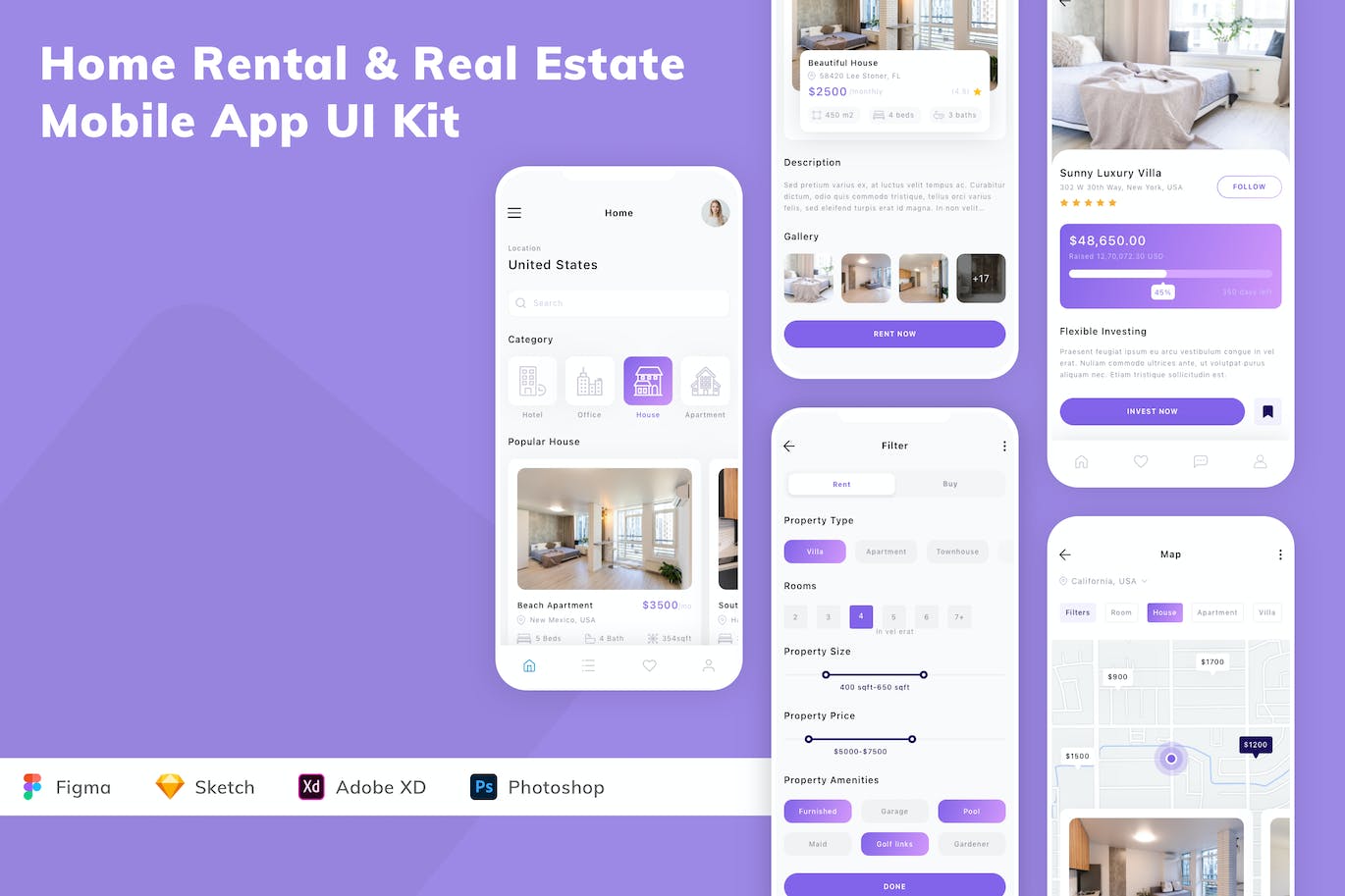 房屋租赁和房地产应用程序App界面设计UI套件 Home Rental & Real Estate Mobile App UI Kit APP UI 第1张