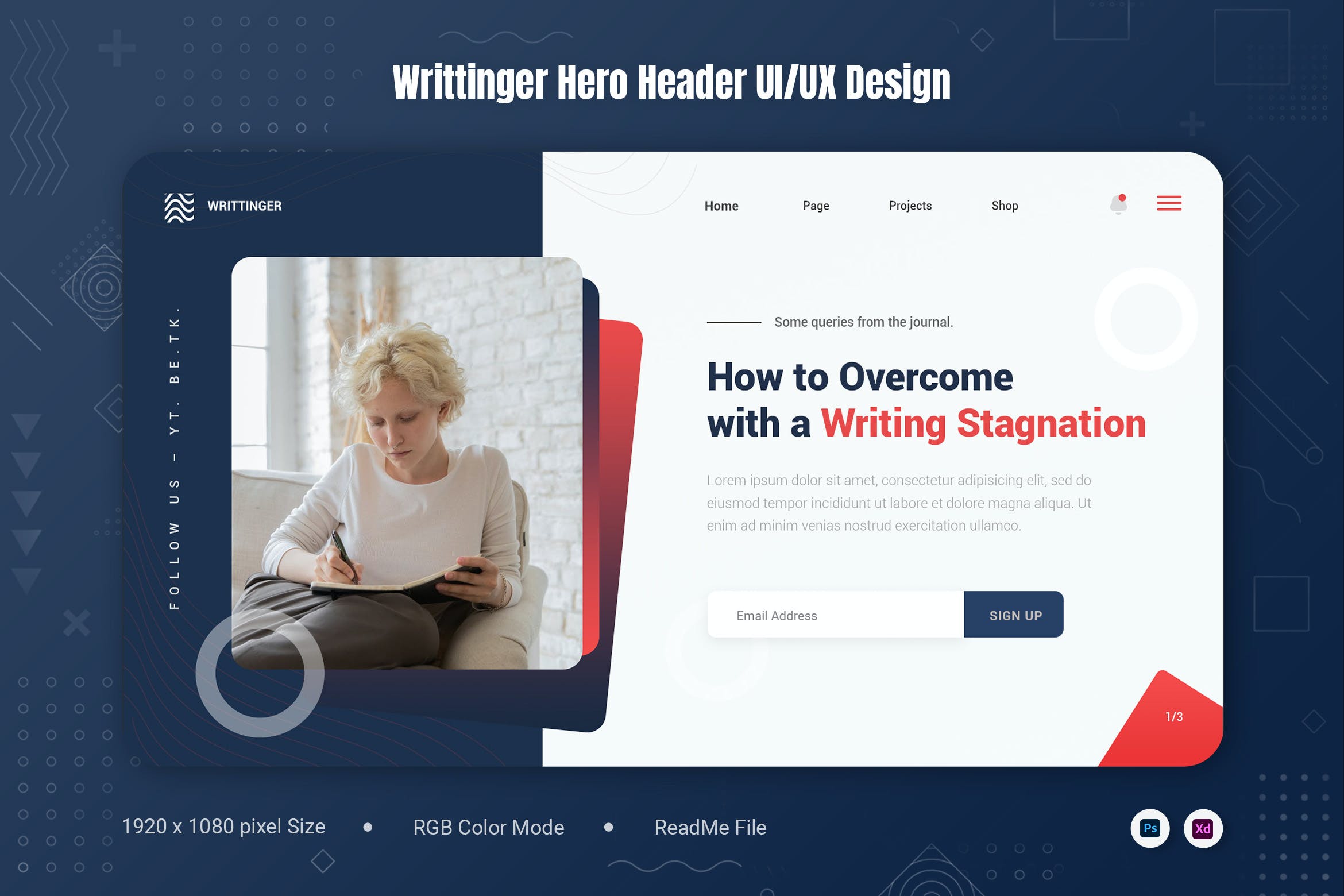 作家作者网站巨无霸Header设计模板 Writtinger Hero Header APP UI 第1张