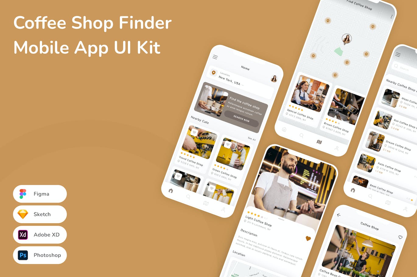 咖啡店搜索App手机应用程序UI设计素材 Coffee Shop Finder Mobile App UI Kit APP UI 第1张
