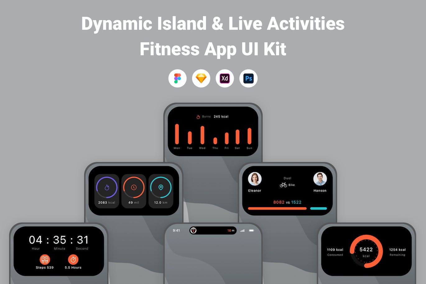 Live运动数据应用App灵动岛UI模板套件 Dynamic Island & Live Activities Fitness App UI APP UI 第1张