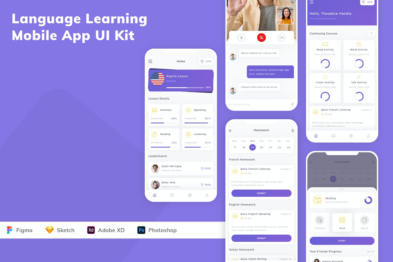 语言学习App应用程序UI设计模板套件 Language Learning Mobile App UI Kit APP UI 第1张