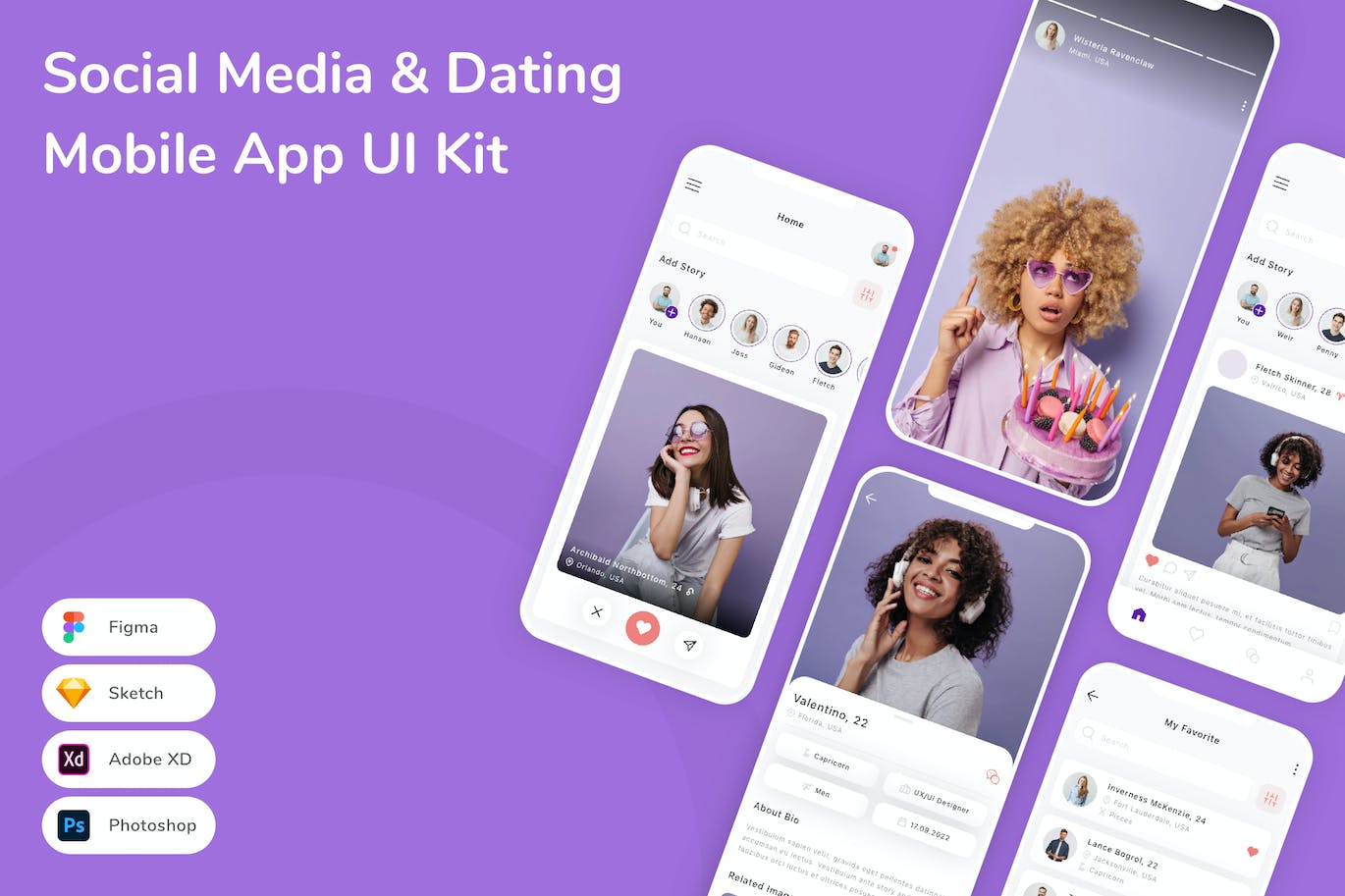 社交媒体&约会App手机应用程序UI设计素材 Social Media & Dating Mobile App UI Kit