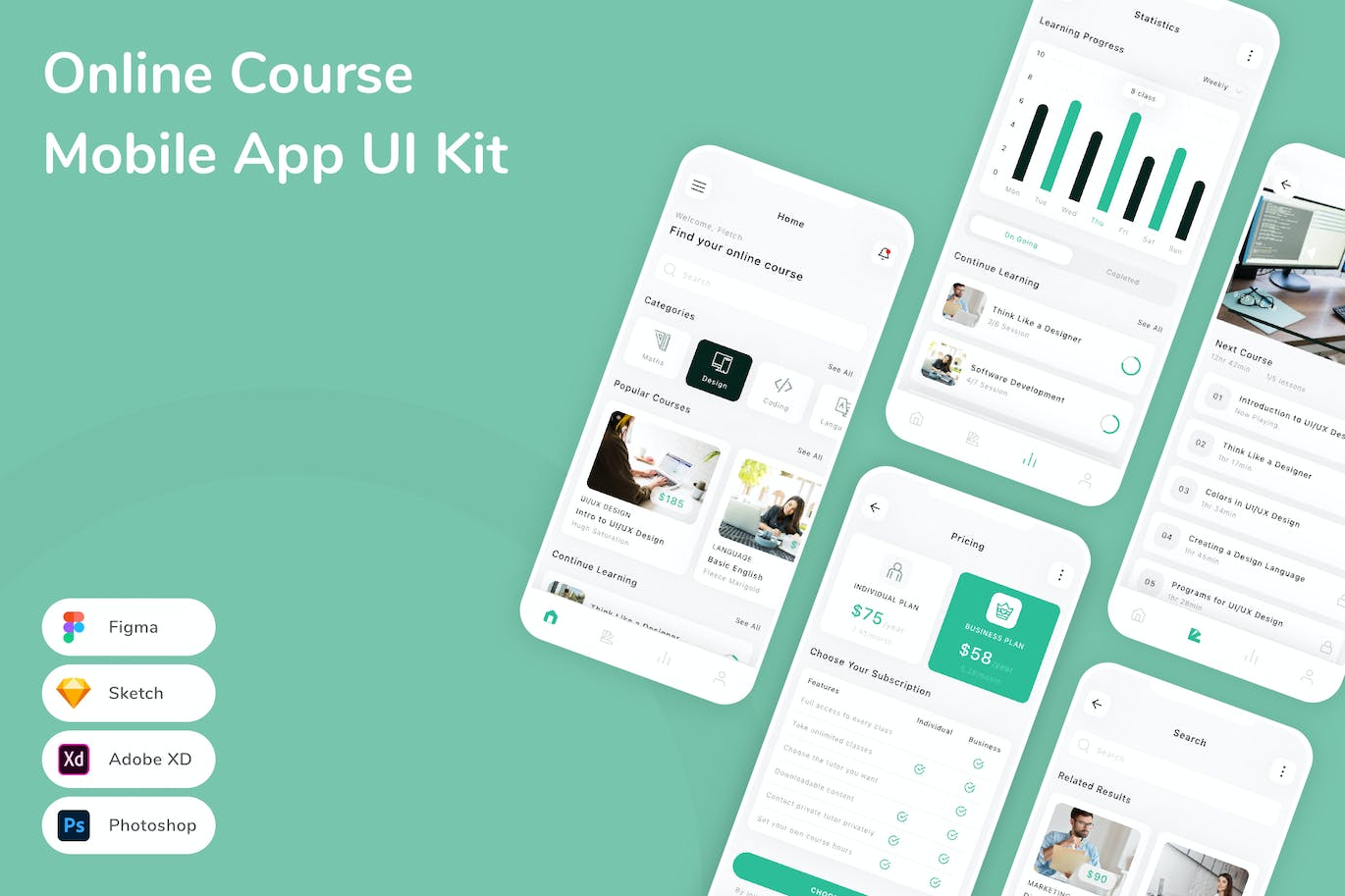 在线课程App手机应用程序UI设计素材 Online Course Mobile App UI Kit APP UI 第1张