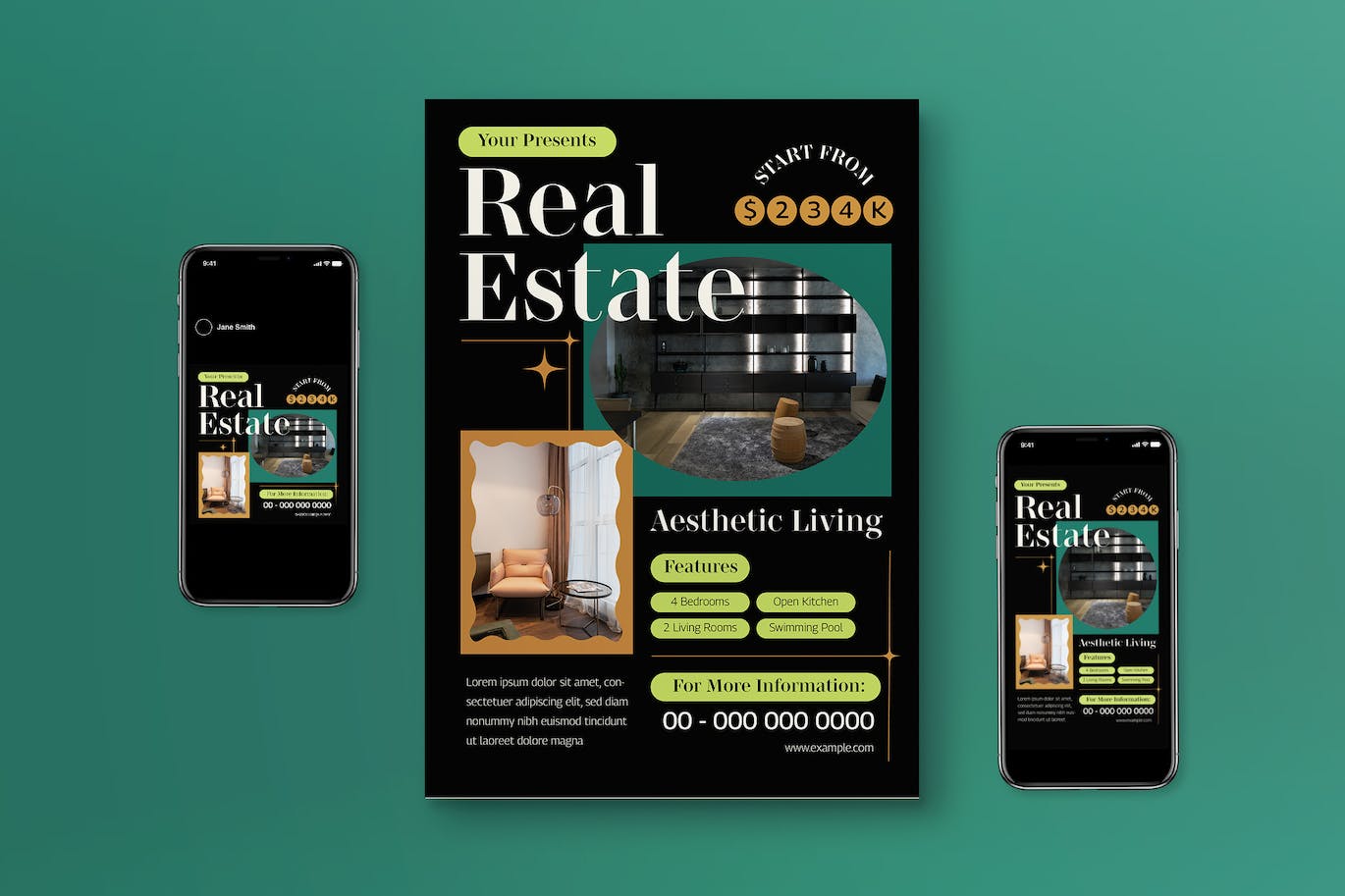 黑色极简主义房地产宣传单素材 Black Minimalist Real Estate Flyer Set 设计素材 第1张