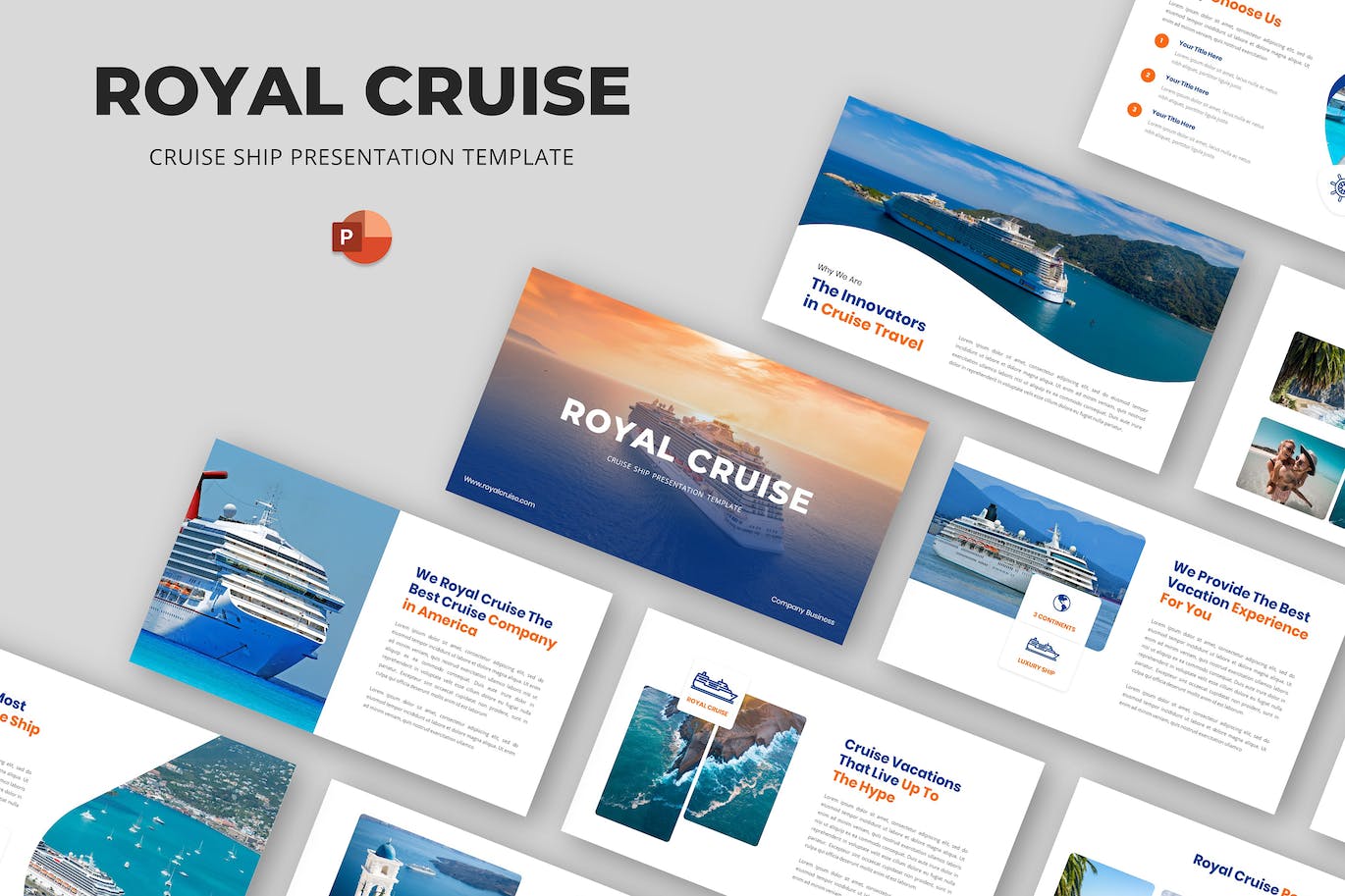游轮航海旅行PPT模板 Royal Cruise – Cruise Ship Powerpoint Template 幻灯图表 第1张