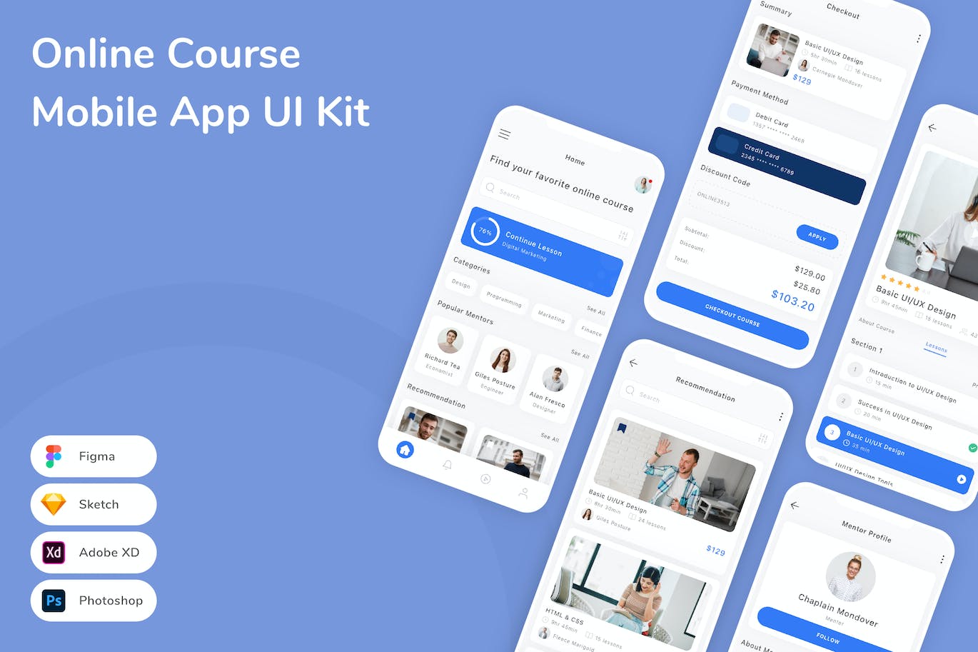 网上课程App手机应用程序UI设计素材 Online Course Mobile App UI Kit APP UI 第1张