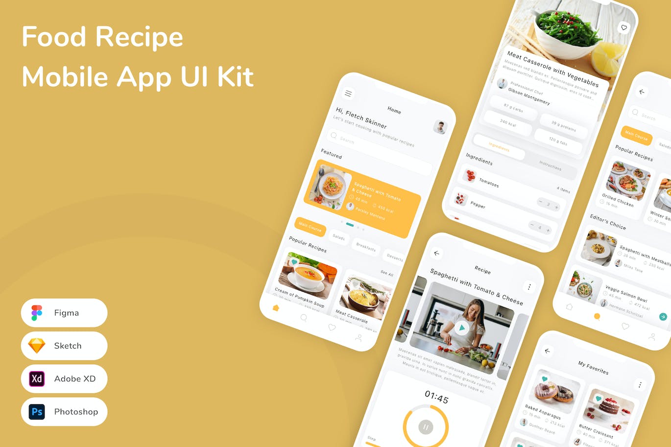 食物配方菜谱App手机应用程序UI设计素材 Food Recipe Mobile App UI Kit APP UI 第1张