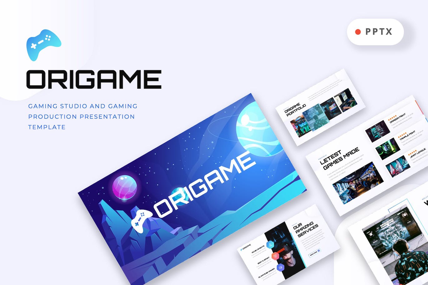 游戏制作工作室PPT模板下载 ORIGAME – Gaming Studio Powerpoint Template 幻灯图表 第1张