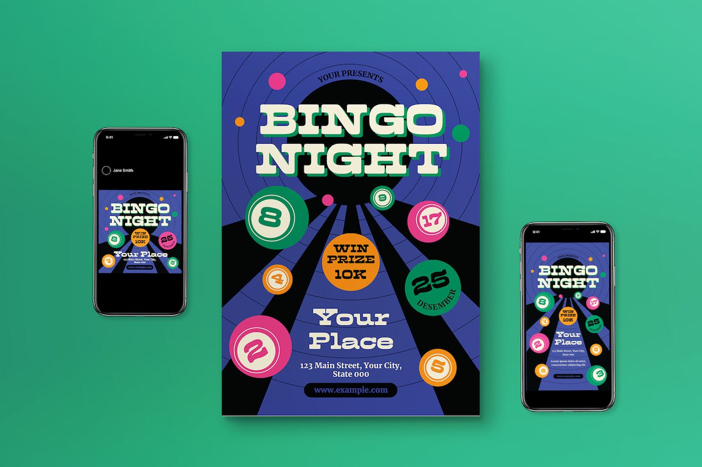 紫色现代宾果之夜宣传单模板 Violet Modern Bingo Night Flyer Set 设计素材 第1张