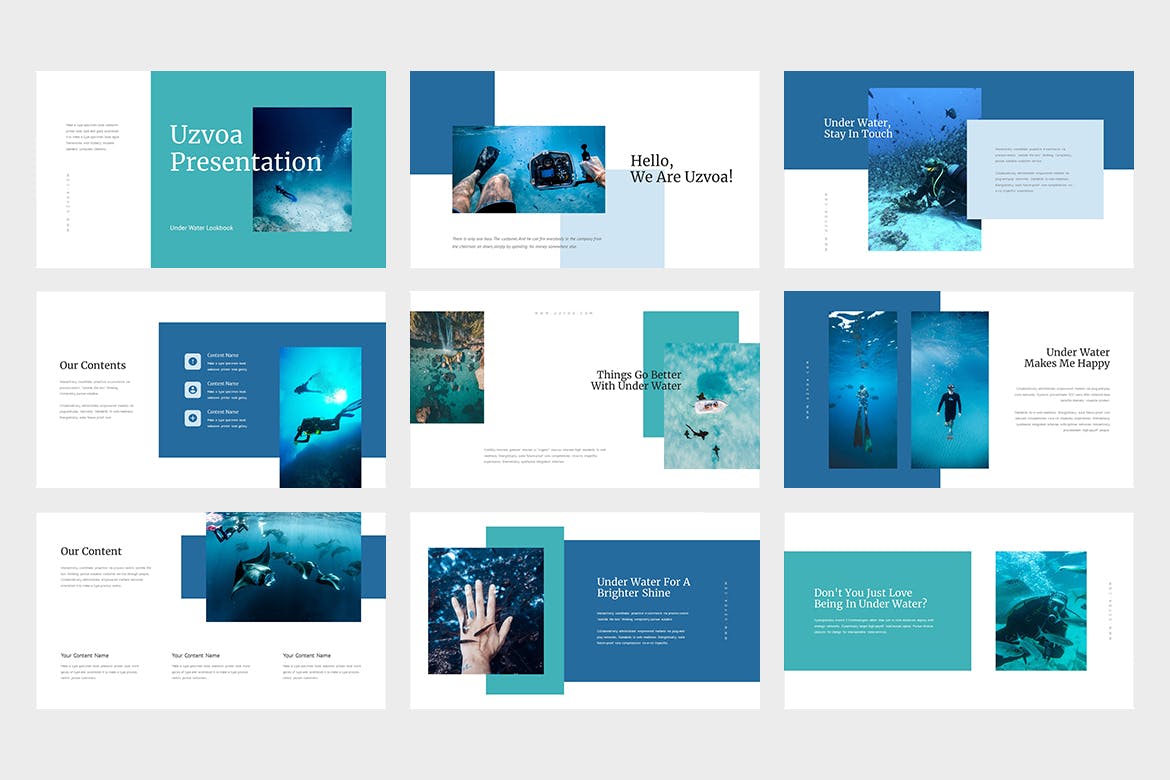 潜水运动演示PPT模板 Uzvoa : Underwater Lookbook Powerpoint Template 幻灯图表 第7张