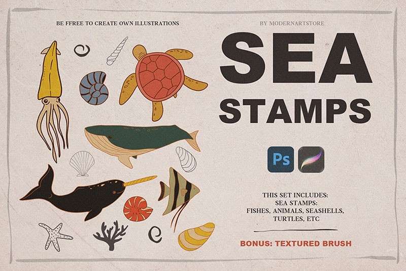 海洋动物卡通线描画Procreate和PS笔刷 笔刷资源 第1张