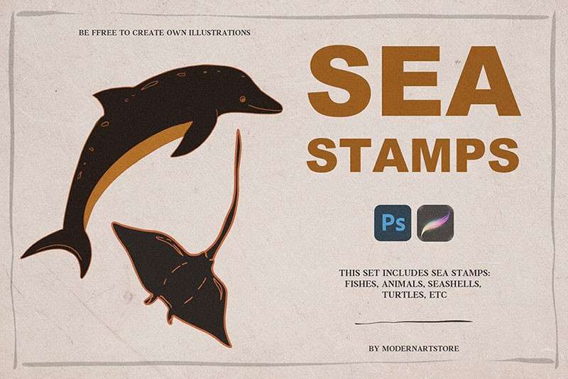海洋动物卡通线描画Procreate和PS笔刷 笔刷资源 第2张