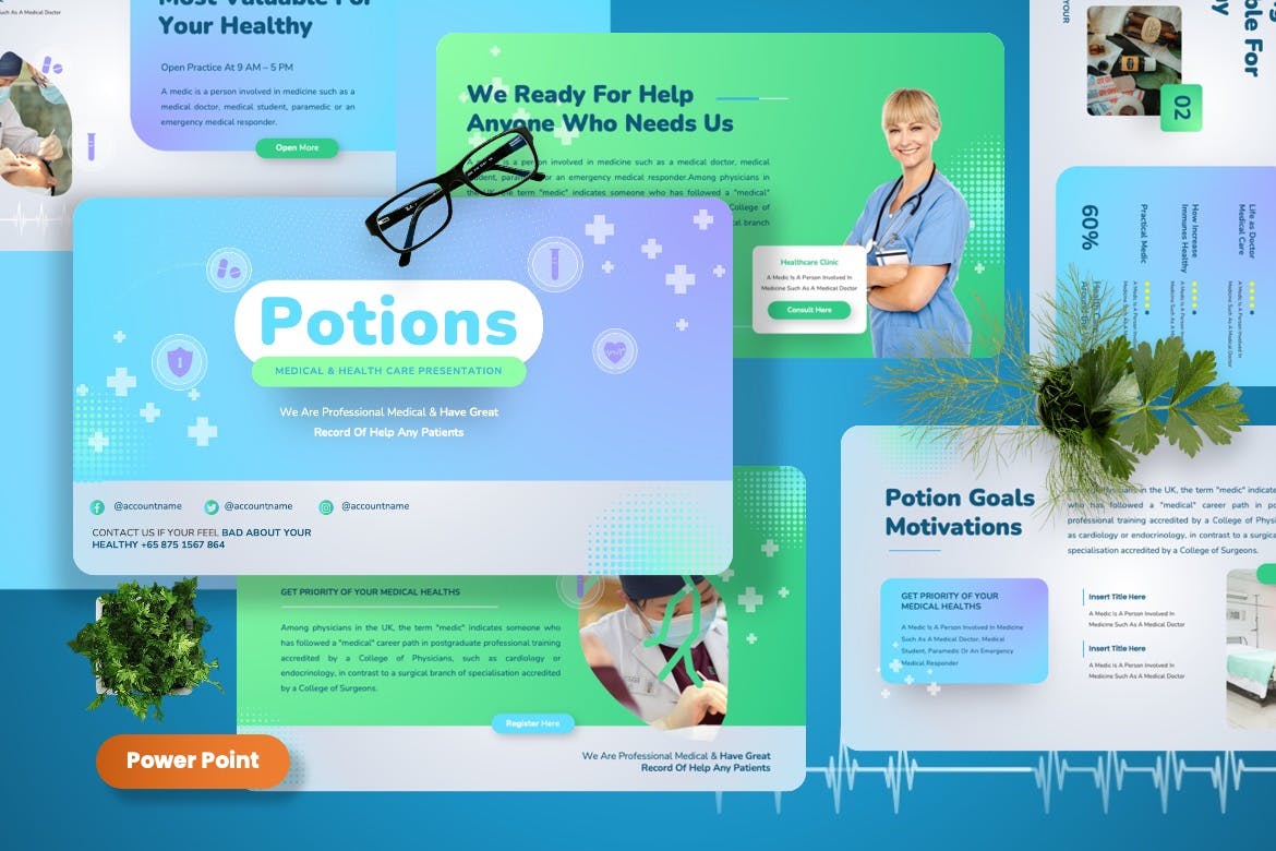 医疗保健PPT演示幻灯片模板 Potions – Medical & Healthcare Powerpoint Template 幻灯图表 第1张