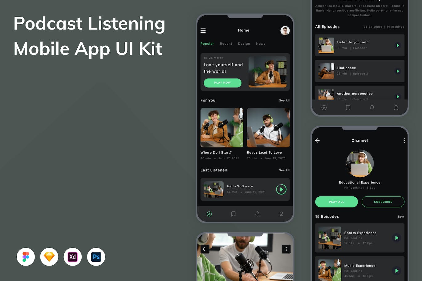播客应用程序App界面设计UI套件 Podcast Listening Mobile App UI Kit APP UI 第1张