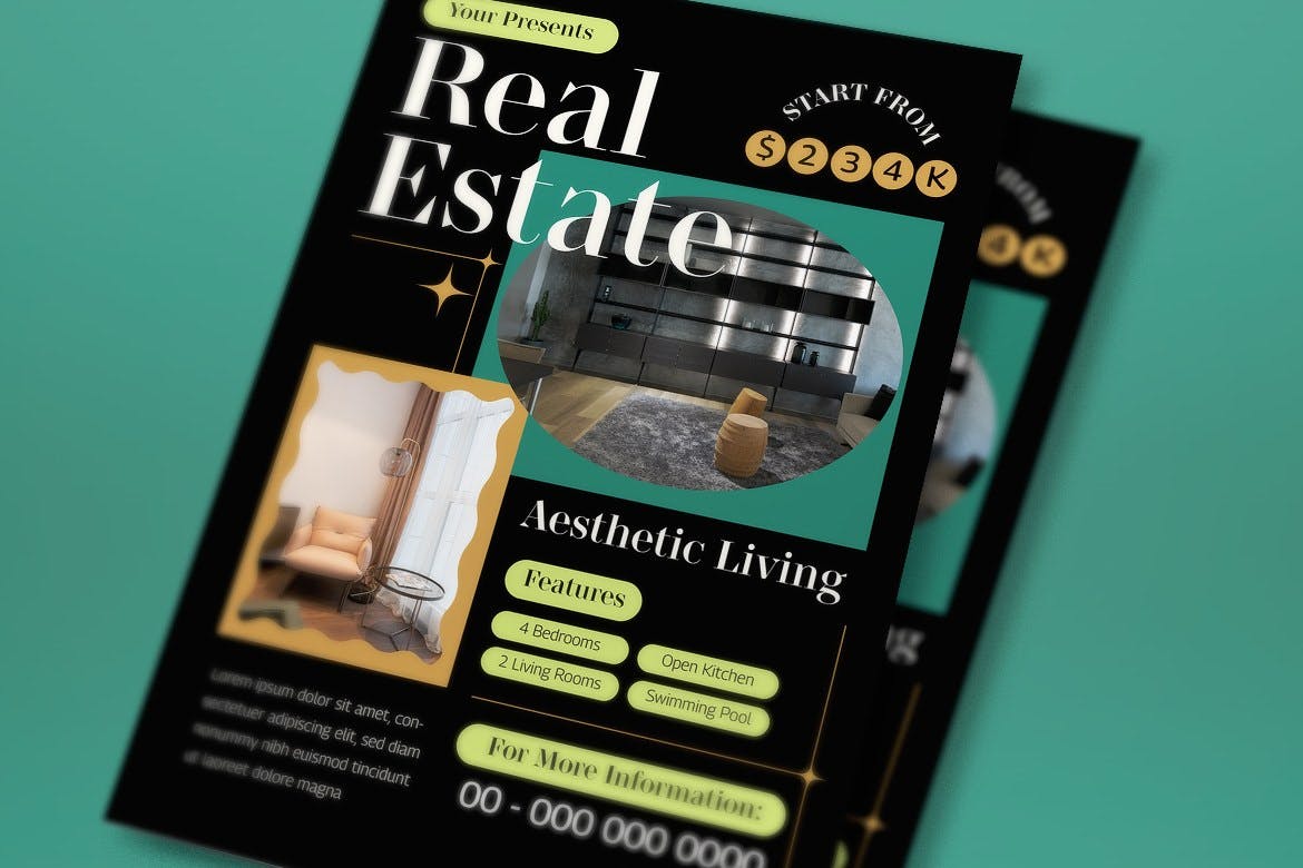 黑色极简主义房地产宣传单素材 Black Minimalist Real Estate Flyer Set 设计素材 第2张