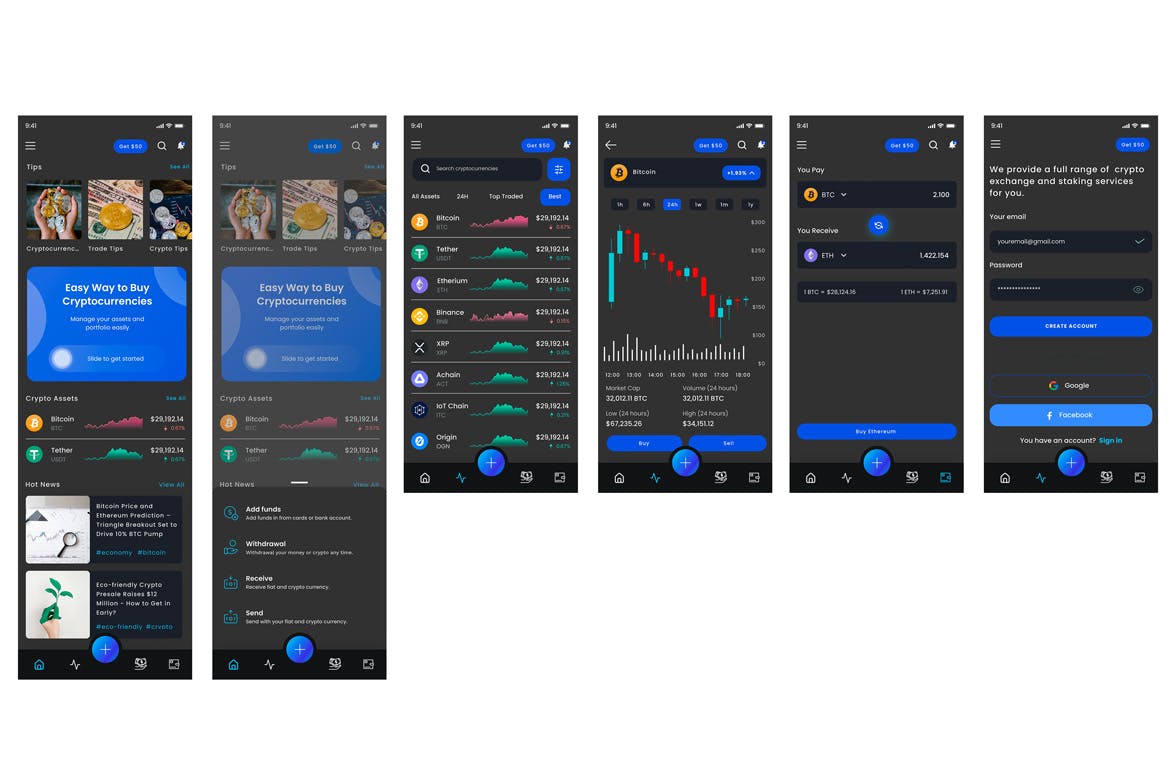 暗黑主题加密货币交易App应用程序模板 Crypto Black & Cryptocurrency Trading Dark App UI APP UI 第2张