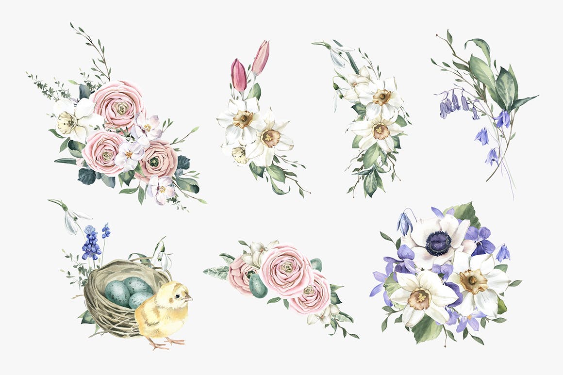 盛开的春季水彩花束手绘插画 Blooming Spring Watercolor Bouquets 图片素材 第3张