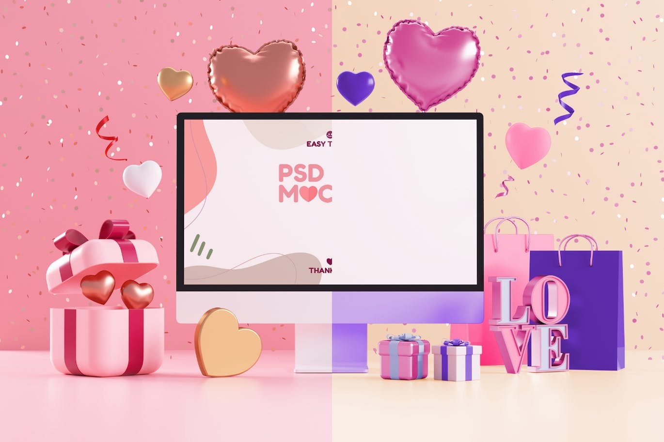 情人节3D场景iMac电脑屏幕样机 Valentines Day iMac Screen Mockup 样机素材 第3张