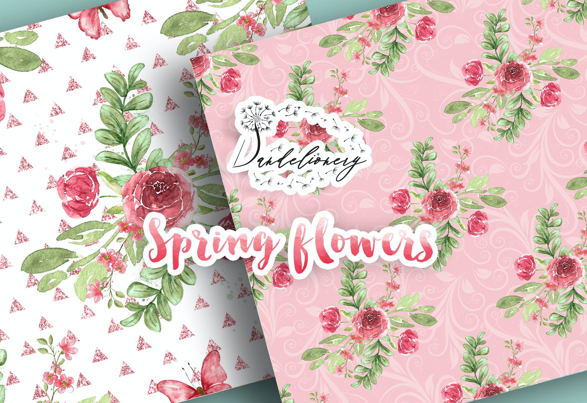 水彩春天花朵数码纸图案素材包 Spring flowers digital paper pack 设计素材 第6张