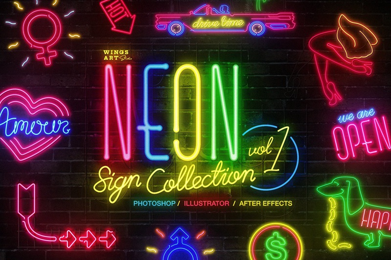 霓虹灯招牌文字特效PS模板&AE模板 Neon Sign Collection: Volume One 插件预设 第1张