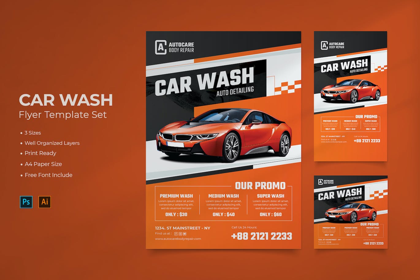 洗车服务海报模板 Car Wash Flyer Template Set 设计素材 第1张