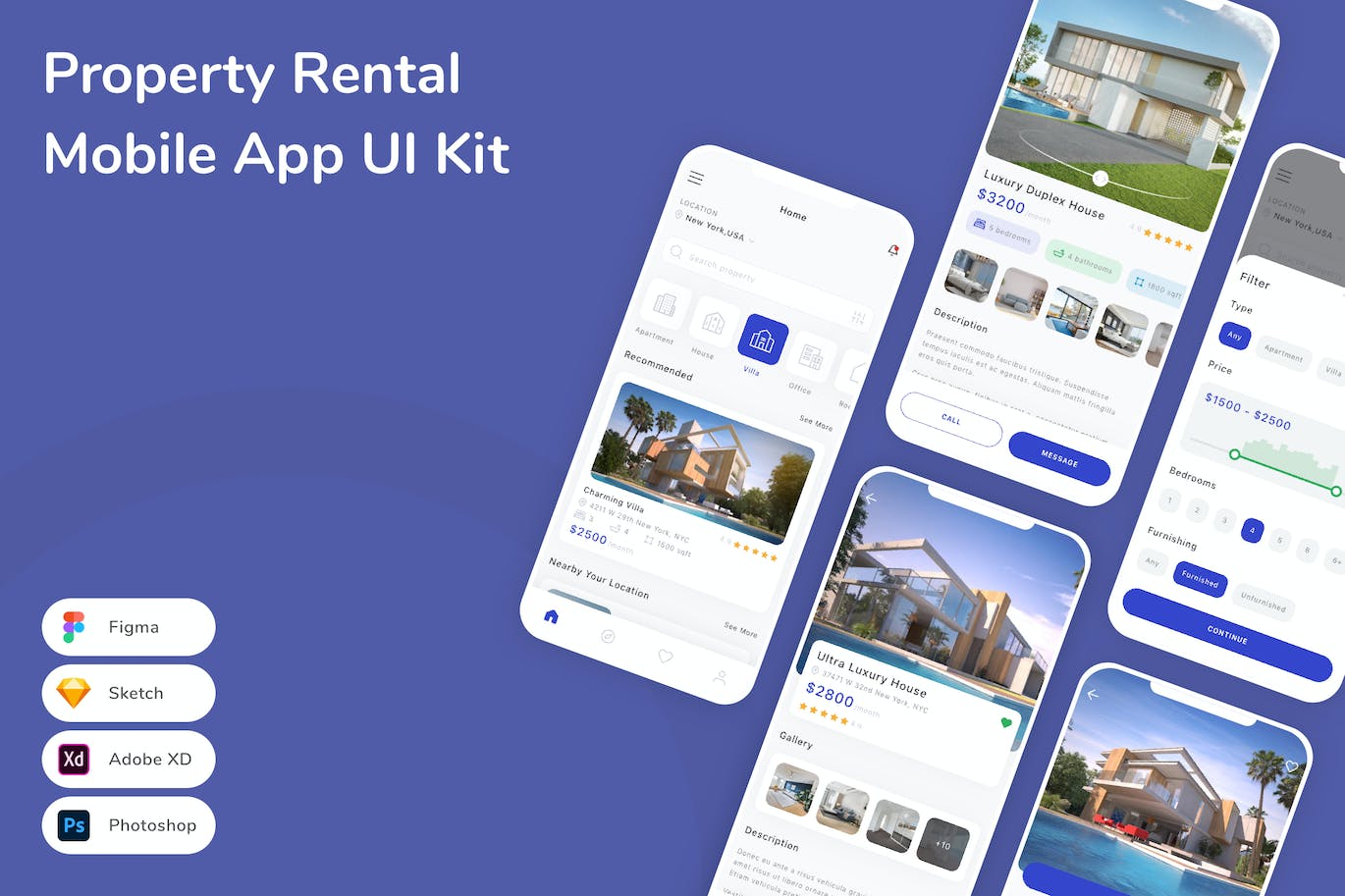房产租赁App应用程序UI工具包素材 Property Rental Mobile App UI Kit APP UI 第1张