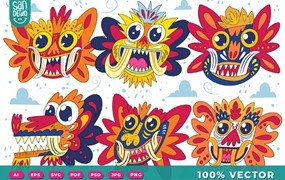 可爱的怪物头像卡通插画矢量设计 Vector Cute Monster Illustration Design
