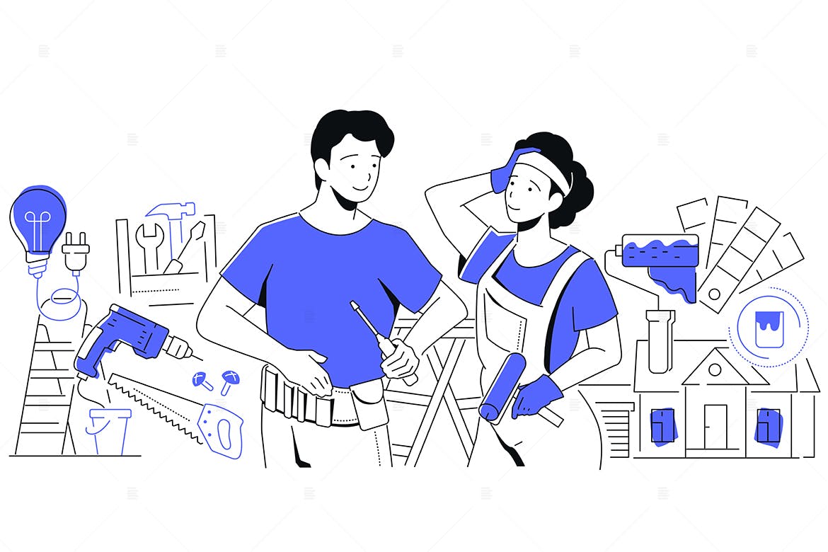 家庭修理整理概念线条风格插画 Couple Making Repairs – Line Style Illustration 图片素材 第2张