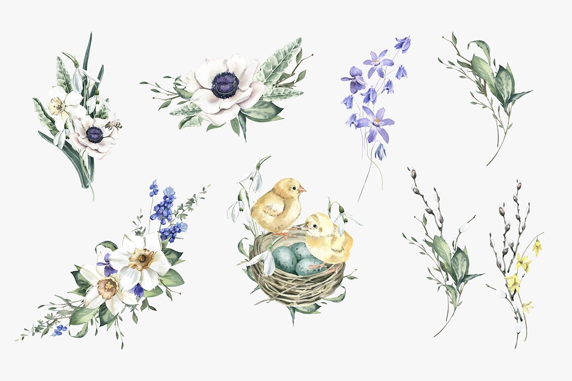 盛开的春季水彩花束手绘插画 Blooming Spring Watercolor Bouquets 图片素材 第4张