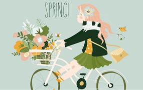 可爱的卡通自行车女孩&春天花束矢量插画 Cute cartoon girl is riding bike with spring bouqu