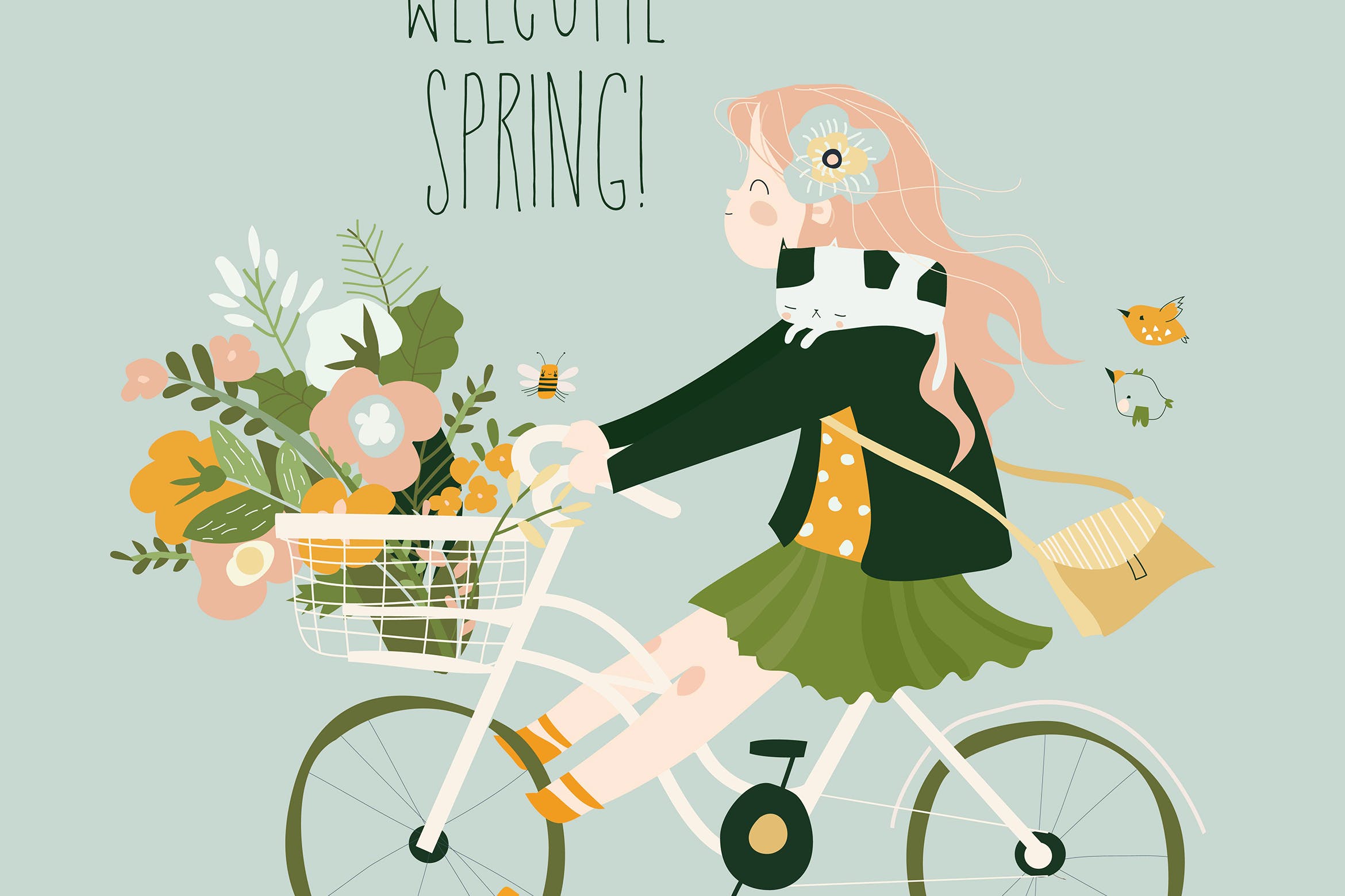 可爱的卡通自行车女孩&春天花束矢量插画 Cute cartoon girl is riding bike with spring bouqu 图片素材 第1张