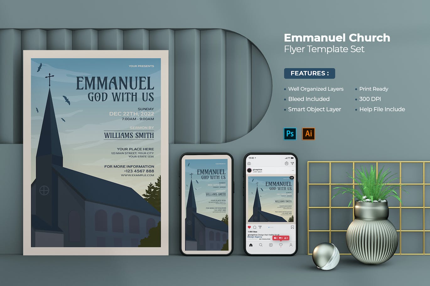 伊曼纽尔教堂活动传单海报设计模板 Emmanuel Church Flyer Template 设计素材 第1张