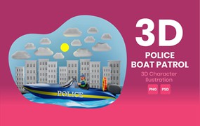 警艇巡逻3D角色插画素材 Police Boat Patrol 3D Character Illustration