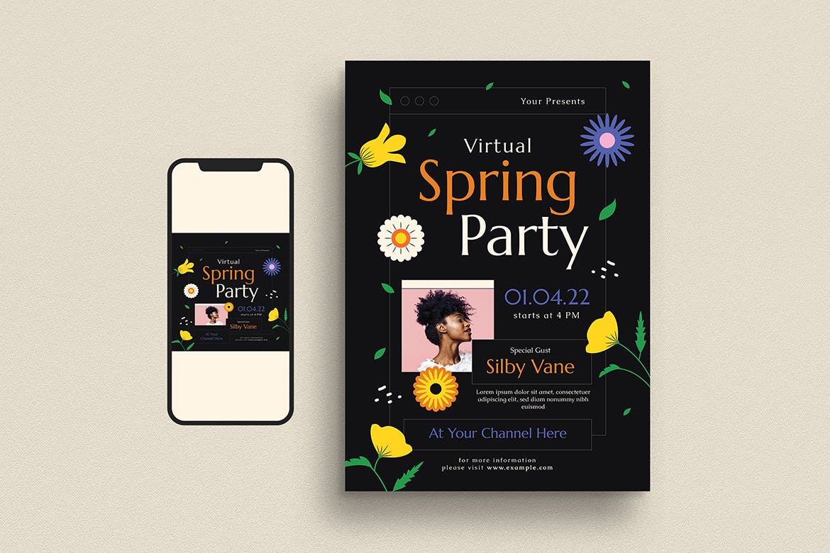 春季派对活动宣传单模板 Virtual Spring Party Event Flyer Set 设计素材 第2张