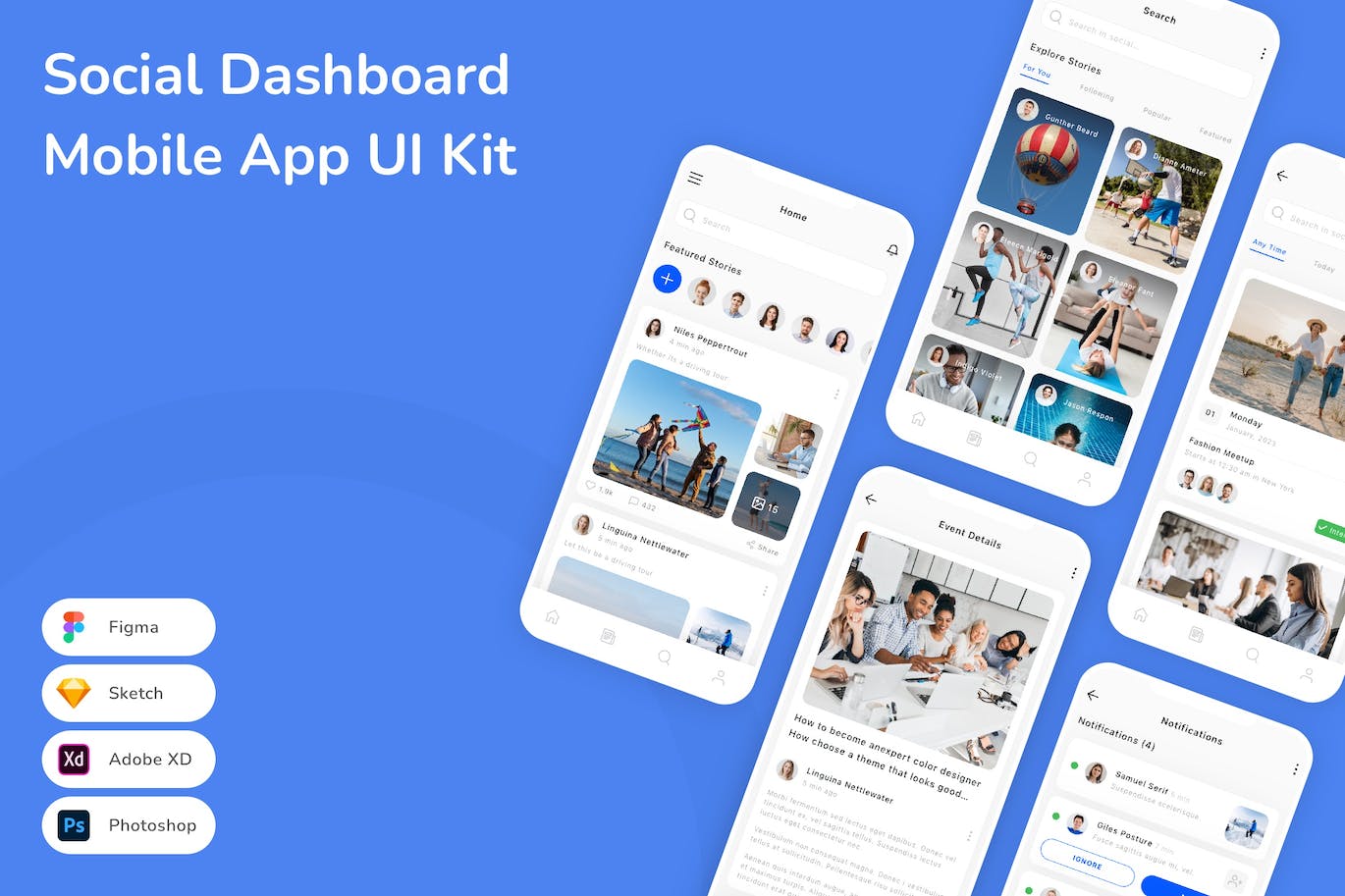 社交仪表盘App应用程序UI工具包素材 Social Dashboard Mobile App UI Kit APP UI 第1张