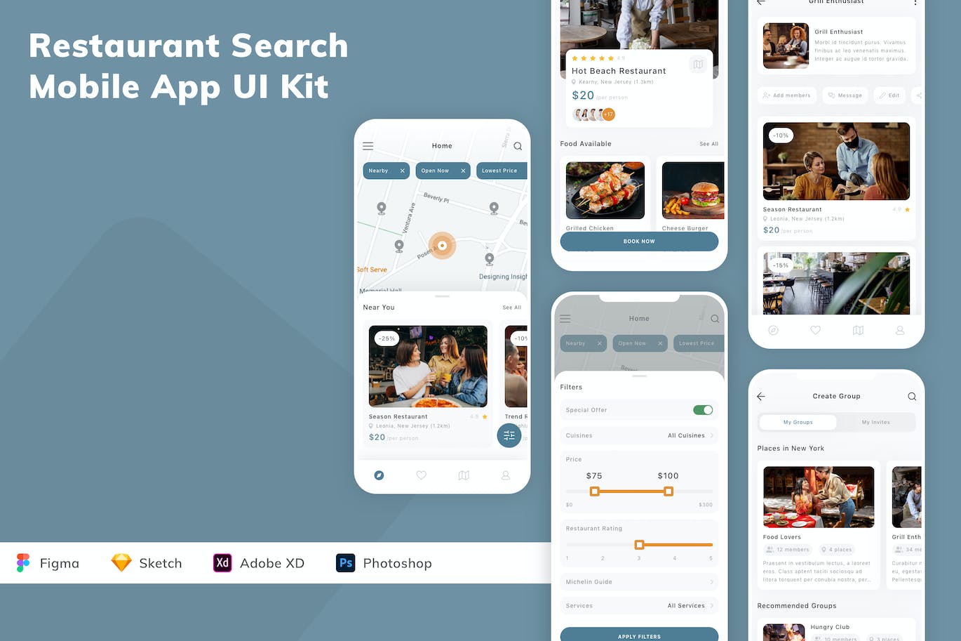 餐厅搜索应用程序App设计UI工具包 Restaurant Search Mobile App UI Kit APP UI 第1张