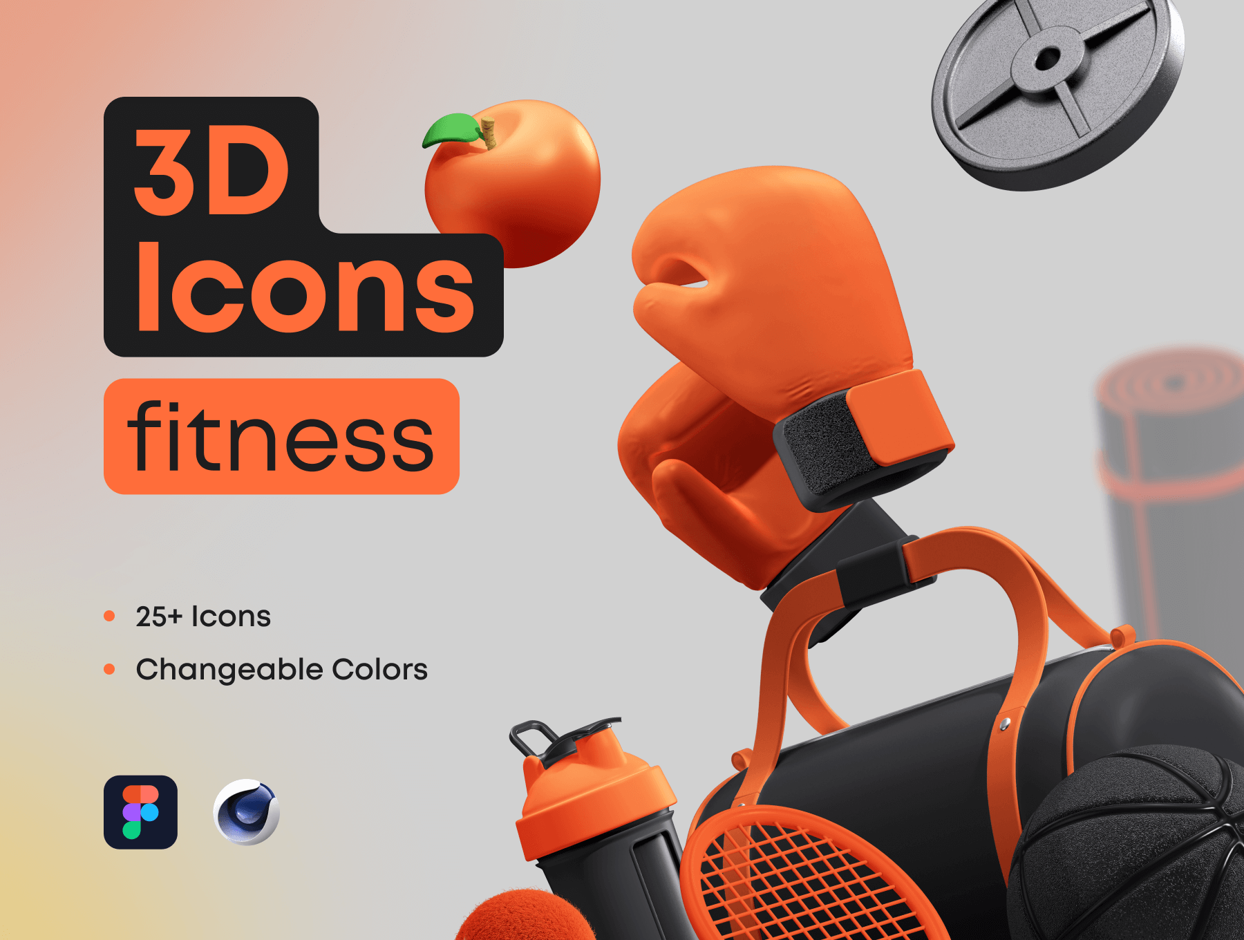 3D健身网站应用程序游戏演示文稿自定义的图标元素 3D Icons Pack – Fitness 图标素材 第1张