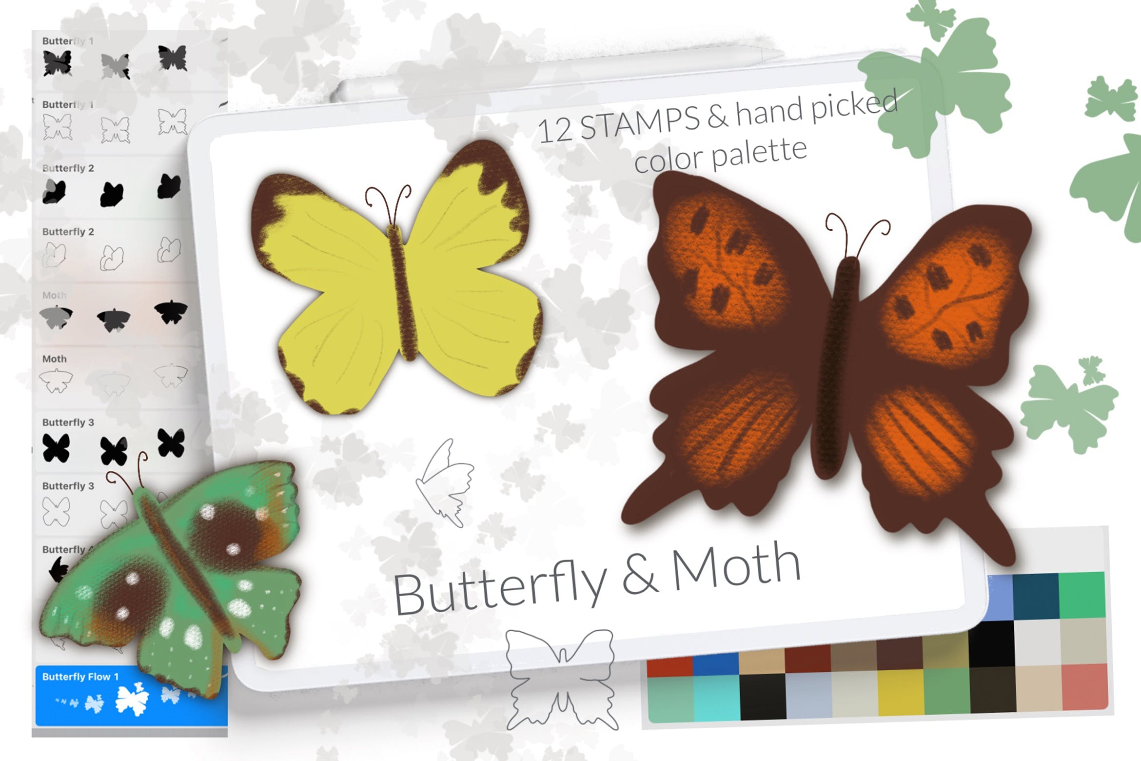 蝴蝶和飞蛾形状Procreate印章笔刷 Butterfly and moth Procreate stamp brushes spring 笔刷资源 第1张