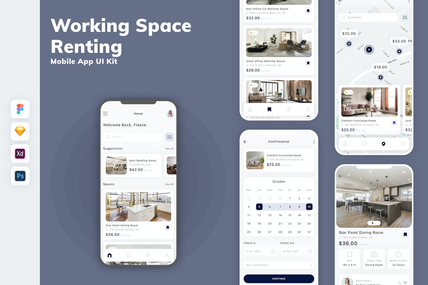 办公室租赁App移动应用设计UI工具包 Working Space Renting Mobile App UI Kit APP UI 第1张