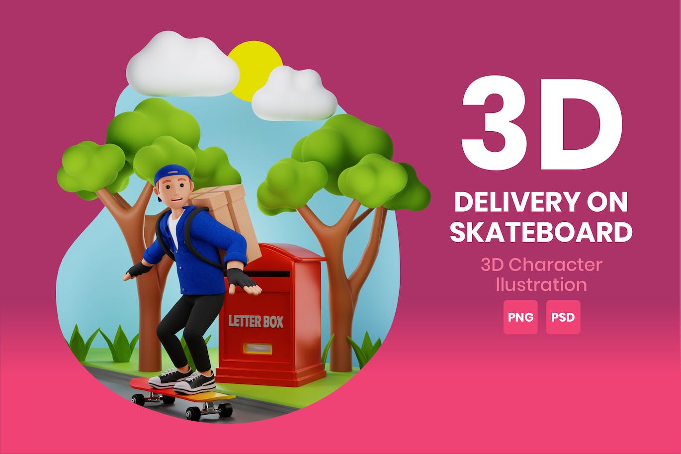 滑板配送3D角色插画素材 Delivery On Skateboard 3D Character Illustration 图片素材 第1张