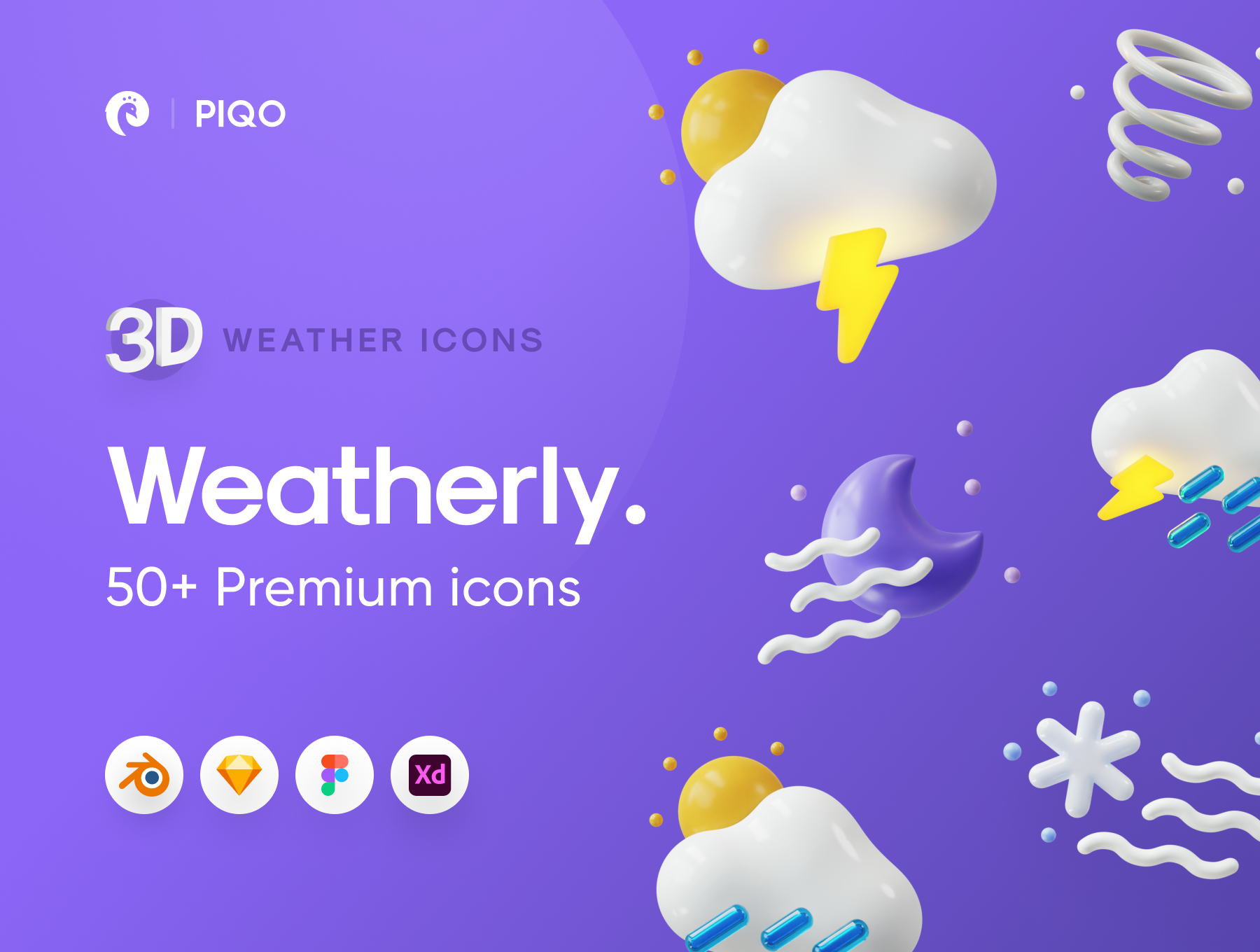 50多个3D高分辨率原始风格和粘土风格完美天气图标包 Weatherly 3D icons – 50+ Weather icons 图标素材 第15张