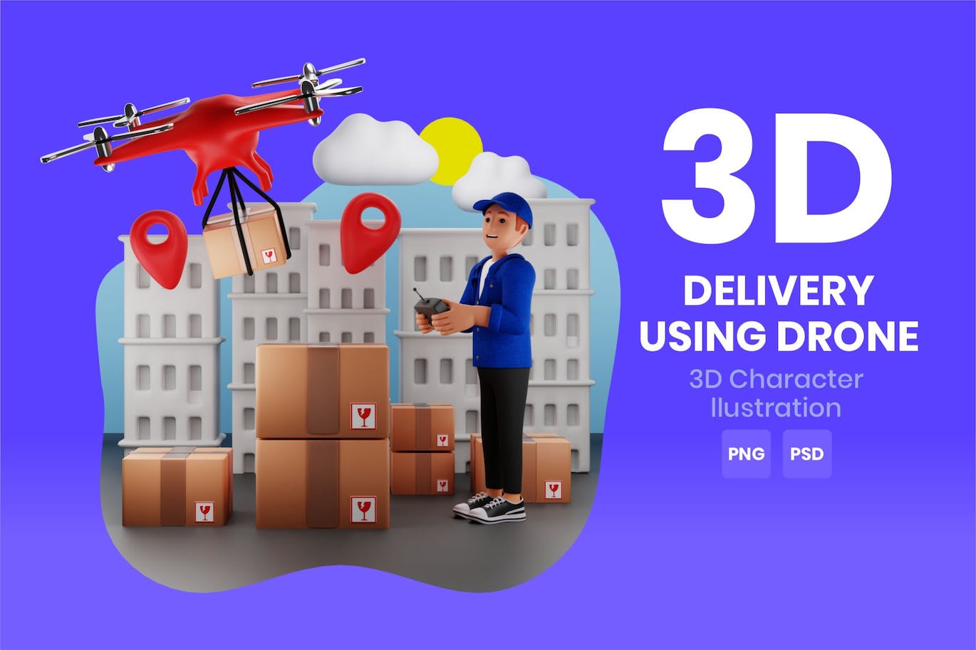 无人机交付3D角色插画素材 Delivery Using Drone 3D Character Illustration 设计素材 第1张