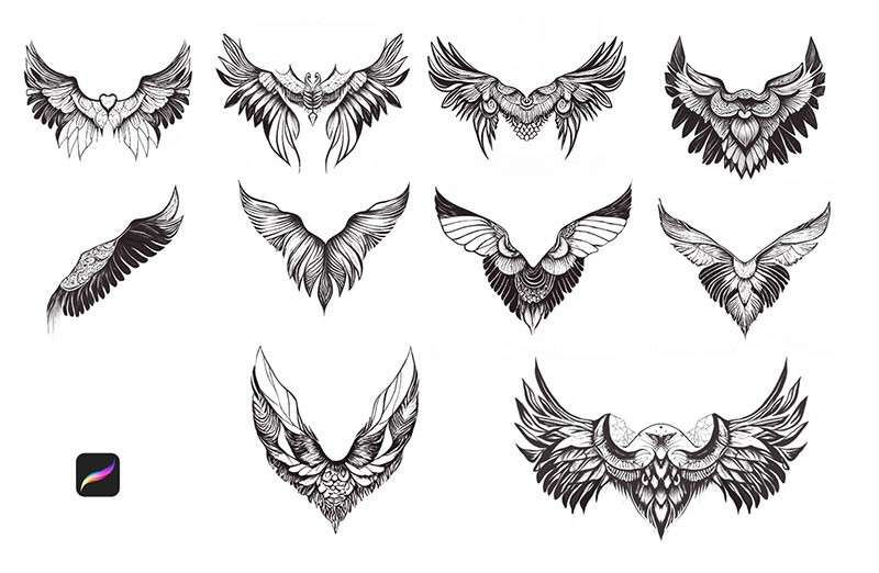 10个翅膀纹身图案Procreate笔刷 笔刷资源 第2张