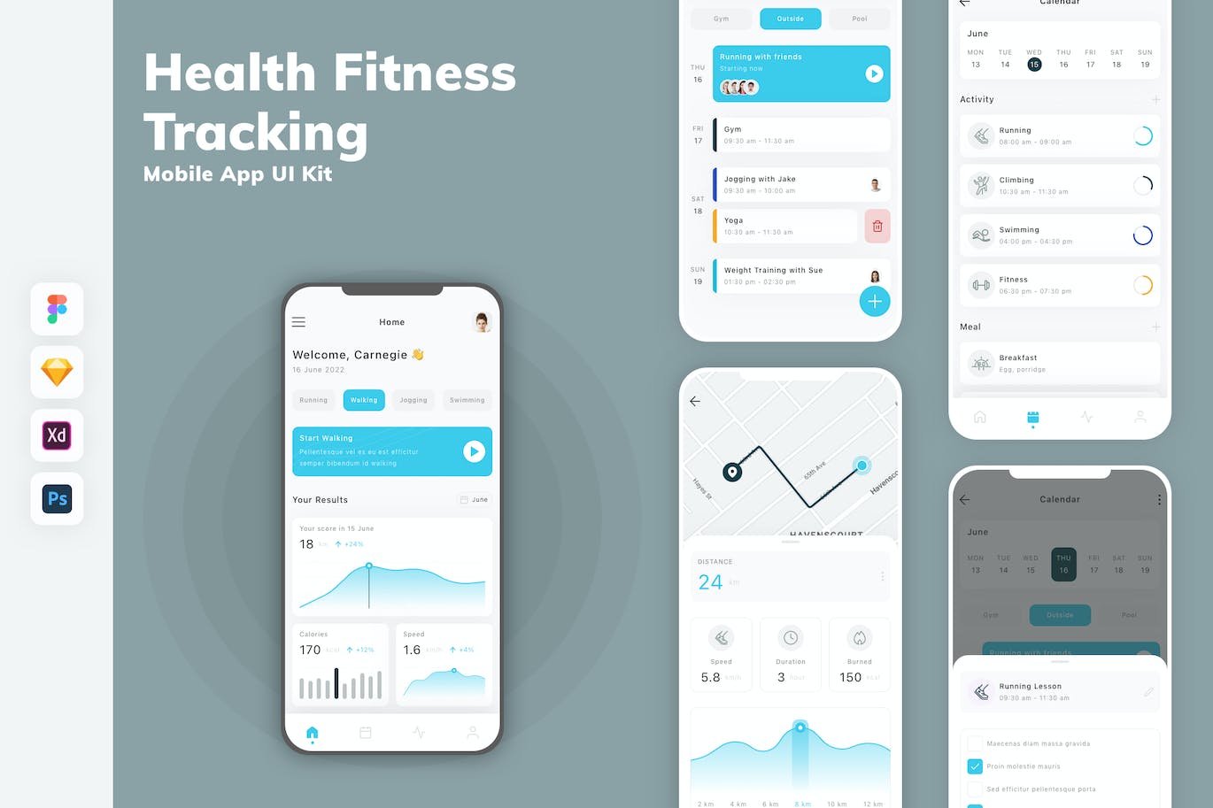 健康健身追踪App移动应用设计UI工具包 Health Fitness Tracking Mobile App UI Kit APP UI 第1张
