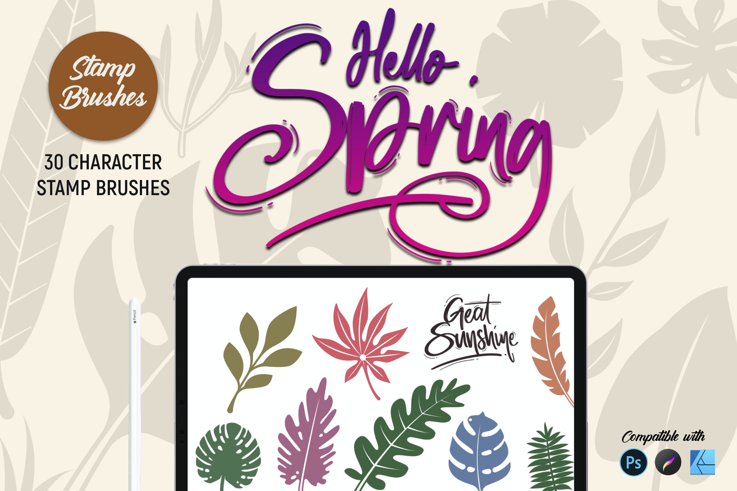春天叶子元素印章Procreate笔刷 Hello Spring | Stamp Brushes 笔刷资源 第1张