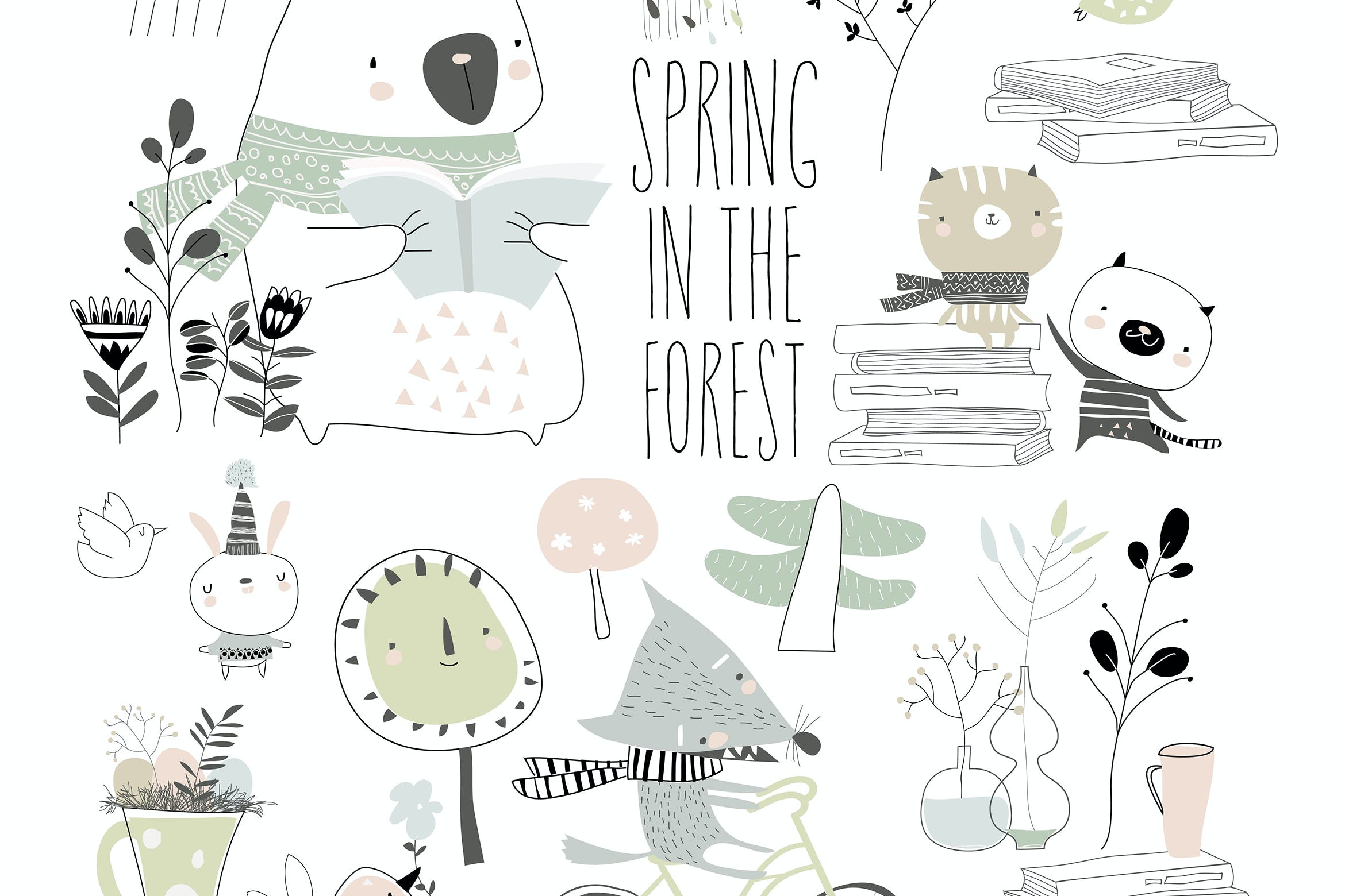 可爱动物春天元素矢量插画 Set of cute animals with spring elements. Hello sp 图片素材 第1张